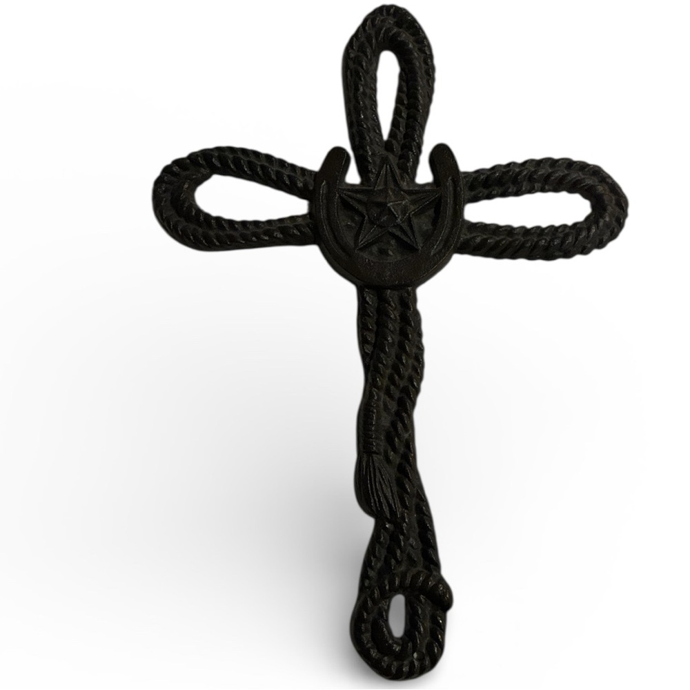 Cowboy CROSS Cast Iron Rope W/ Horseshoe Cross Wall Decor Good Western 🍀 Luck
